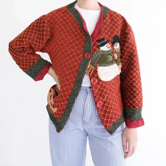 Red & Green Holiday Festive Snowman Button Up Cardigan Jacket Ugly Christmas M - Picture 1 of 11